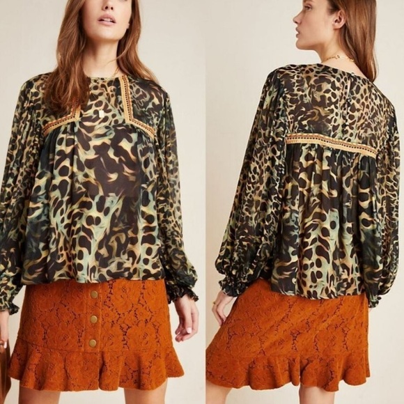 Anthropologie Tops - Anthropologie Bl-nk London Joelle and Leopard Peasant Blouse Size Small